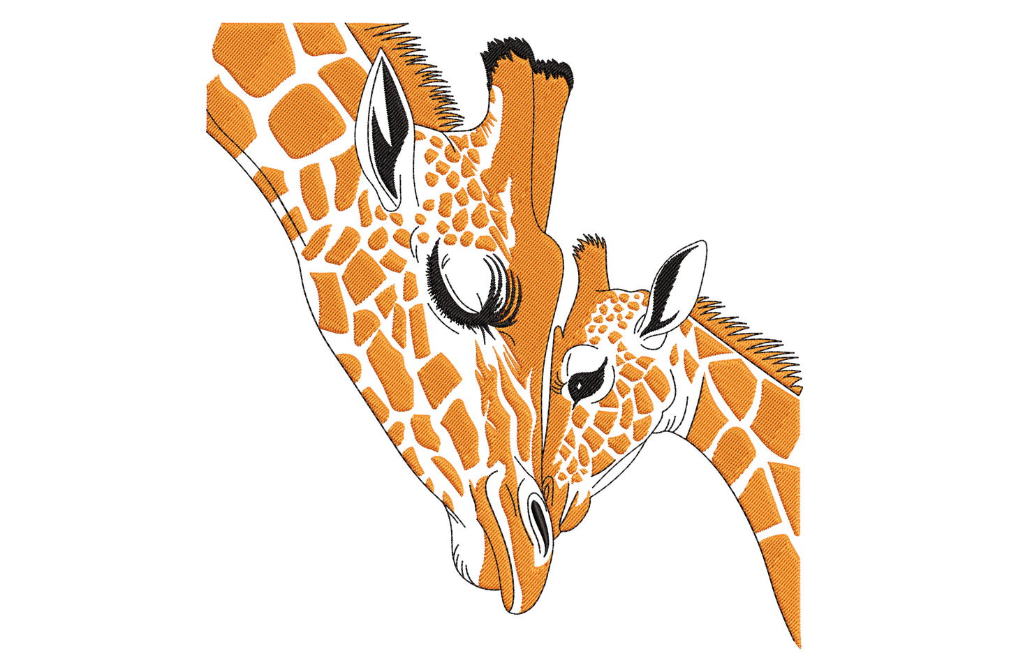 Embroidery design of a giraffe mother and calf with their heads pressed together in a nuzzling pose, amber coat with bold black outlined patches and black mane tufts.