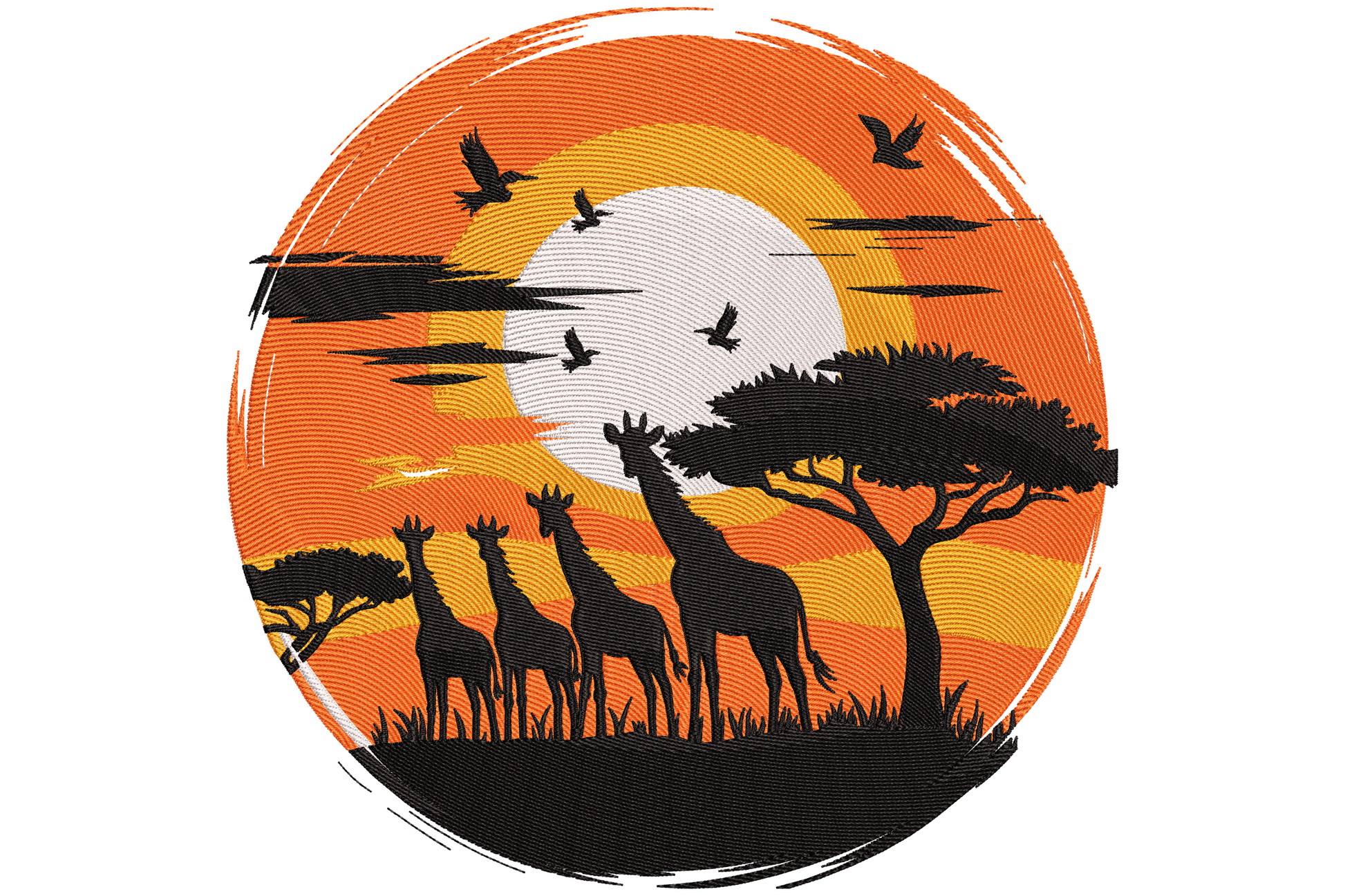 Giraffe silhouette sunset embroidery, four giraffes and acacia tree in black against orange and amber circular sunset badge.