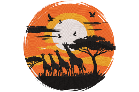 Giraffe silhouette sunset embroidery, four giraffes and acacia tree in black against orange and amber circular sunset badge.