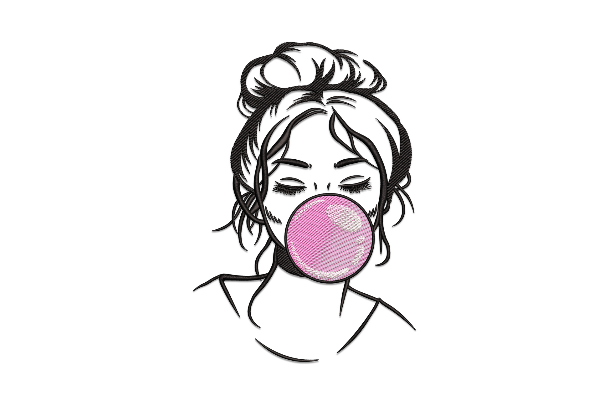Girl blowing pink bubble gum embroidery design, line art portrait with messy bun hair on white background.