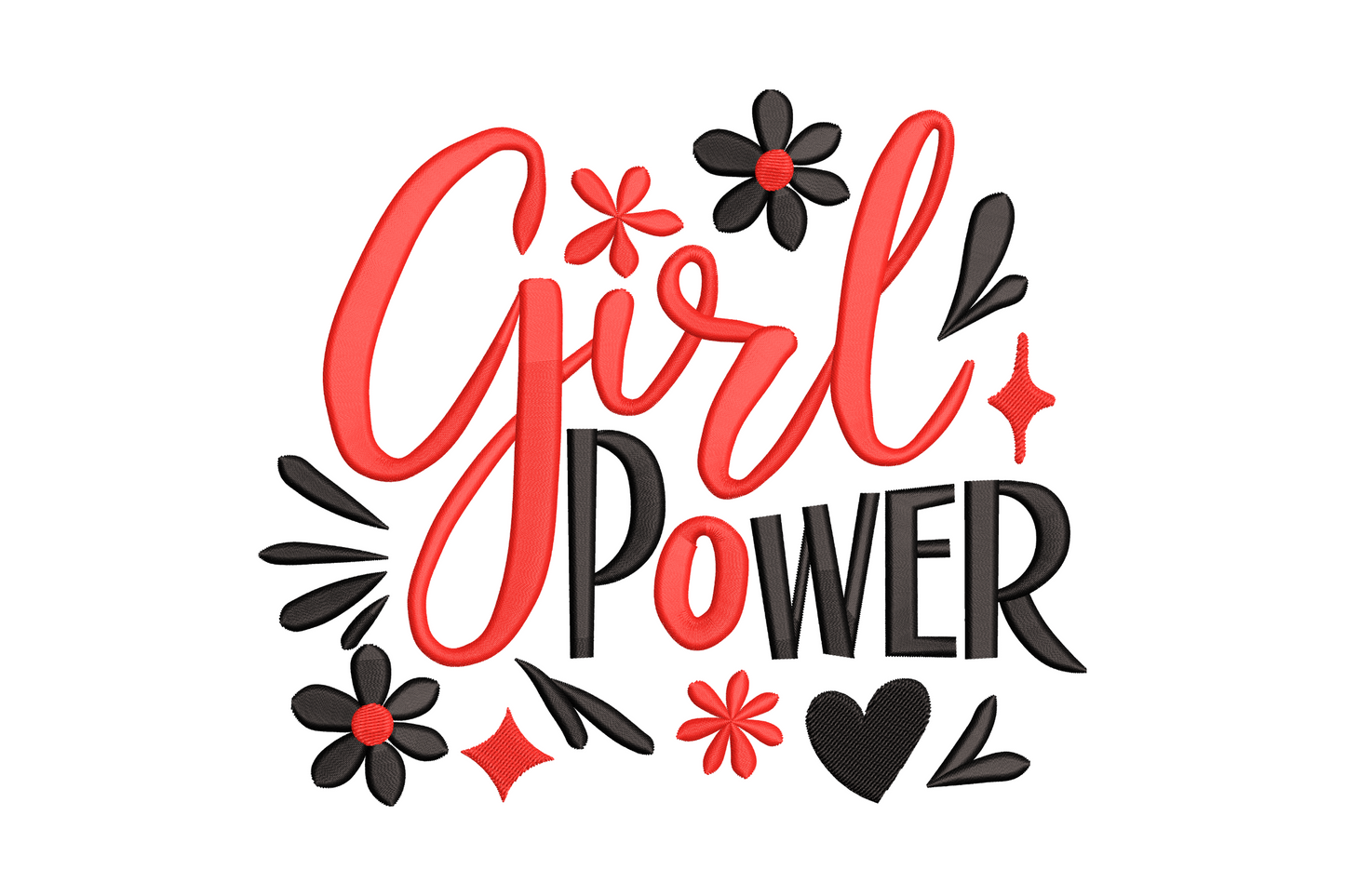 Girl Power embroidery with red cursive Girl script over bold black POWER block letters, surrounded by daisies, leaves, a heart and sparkles