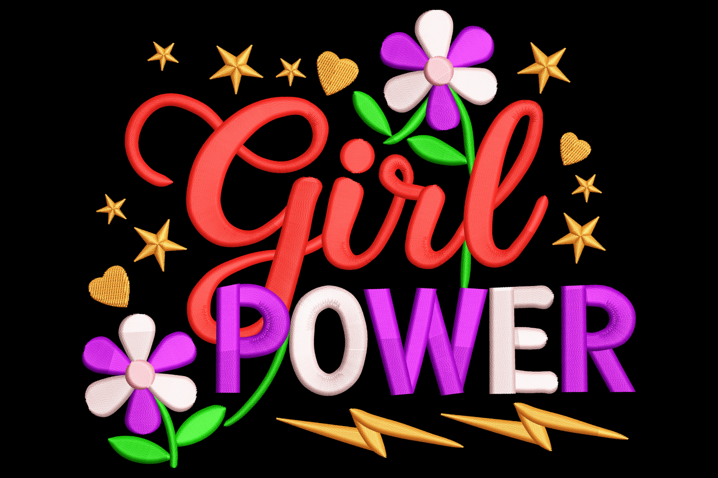 Girl Power embroidery design with red cursive Girl script above bold purple POWER letters, daisy flowers, orange lightning bolts and gold stars.