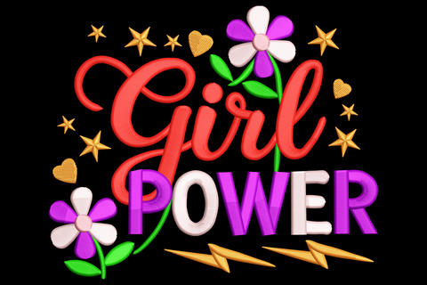Girl Power embroidery design with red cursive Girl script above bold purple POWER letters, daisy flowers, orange lightning bolts and gold stars.