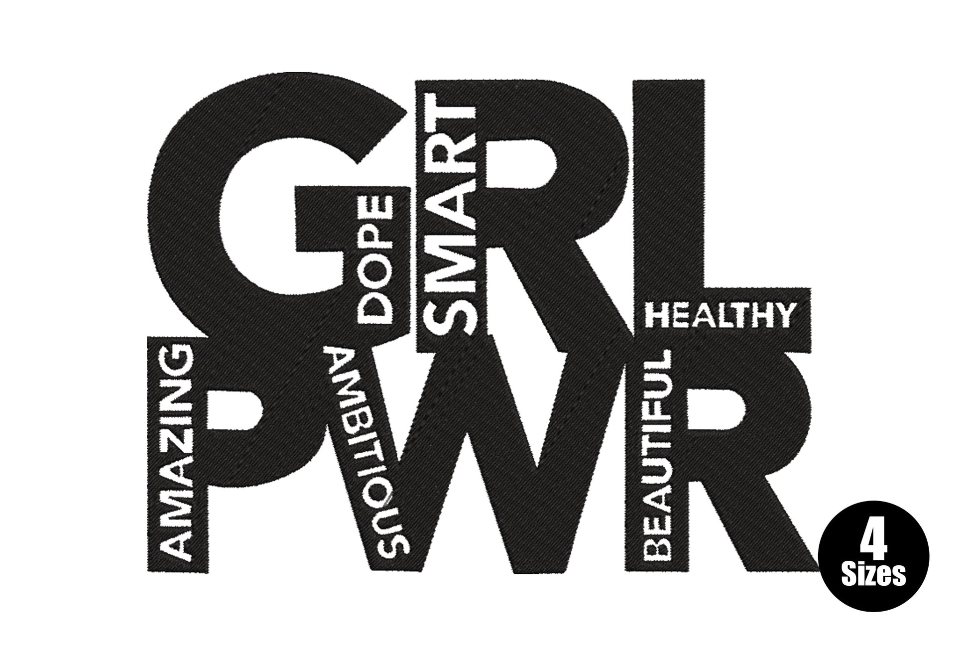 Grl pwr bold block letter embroidery with word banners for dope, smart, ambitious, amazing, healthy stitched inside the letterforms.