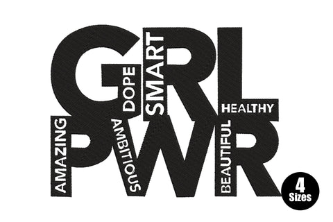 Grl pwr bold block letter embroidery with word banners for dope, smart, ambitious, amazing, healthy stitched inside the letterforms.