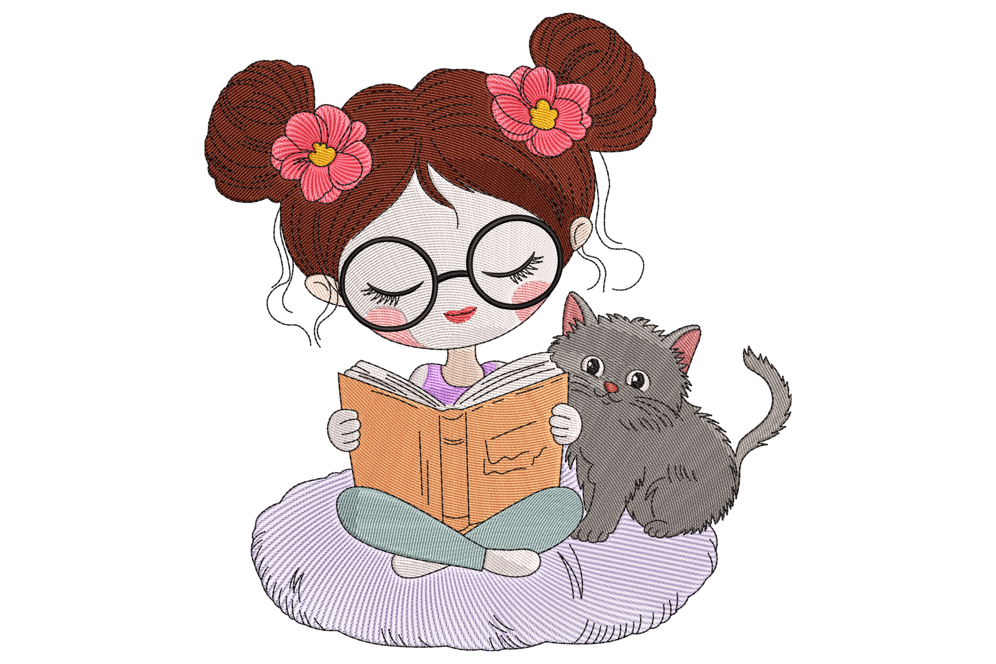 Cozy machine embroidery design of a girl in mustard sweater and denim jeans reading an open book with a sleepy striped tabby cat curled next to her and a steaming tea mug on the floor.