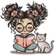 Girl Reading Book with Cat Embroidery Design, Instant Download
