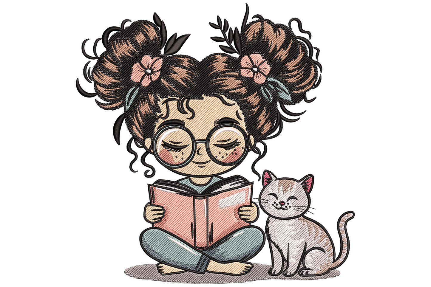 Curly-haired girl with round glasses reading a pink book cross-legged, white tabby cat seated beside her.
