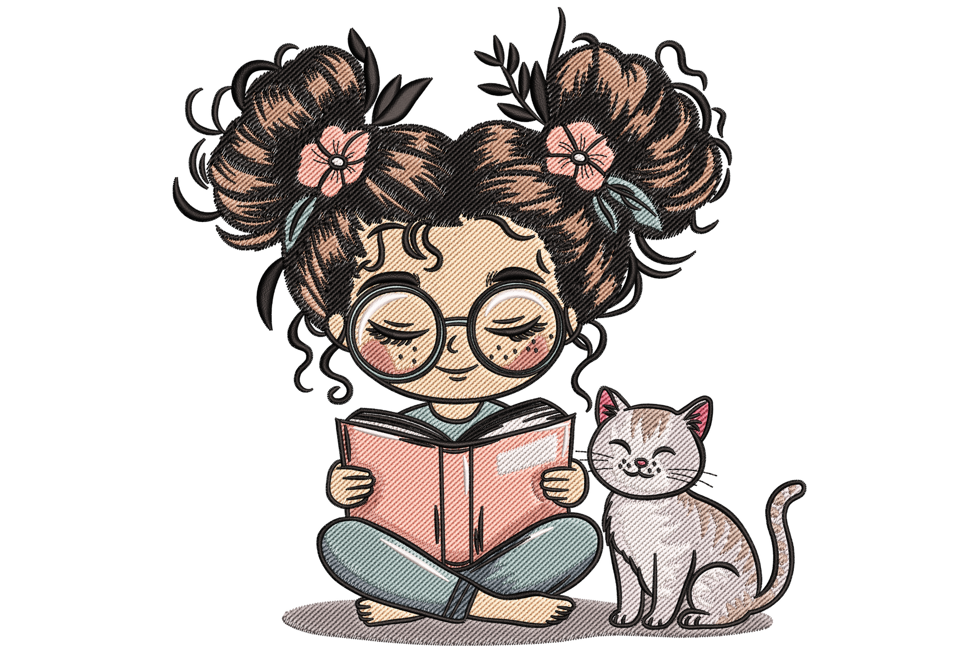 Curly-haired girl with round glasses reading a pink book cross-legged, white tabby cat seated beside her.