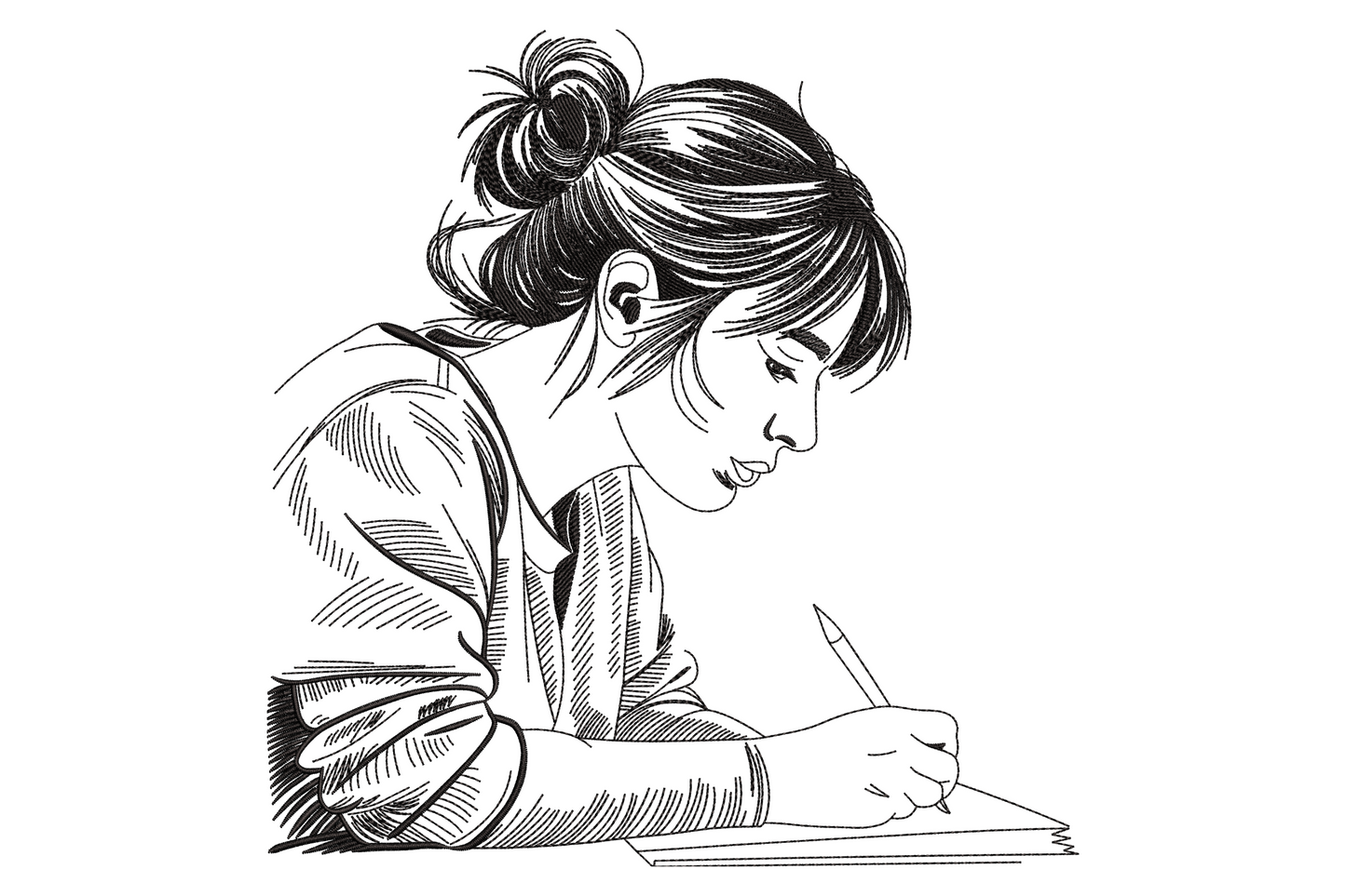 Girl writing sketch embroidery design, ink crosshatch style side-profile woman leaning over paper with pen, black on white.