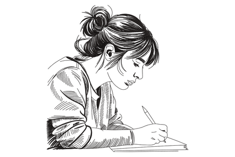 Girl writing sketch embroidery design, ink crosshatch style side-profile woman leaning over paper with pen, black on white.