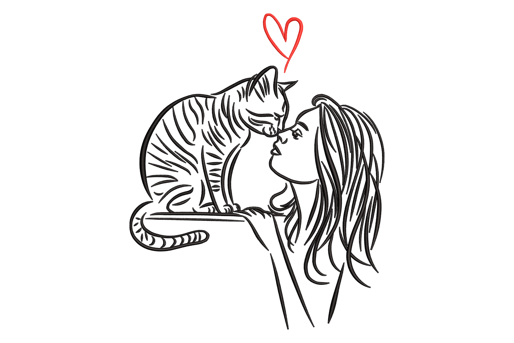 Machine embroidery design of a girl kissing her cat on the head, soft cartoon style in warm skin tones and tabby grey, 9 sizes