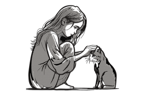Girl and cat silhouette embroidery design in two colours, girl seated with cat in lap, clean line art style on white background.