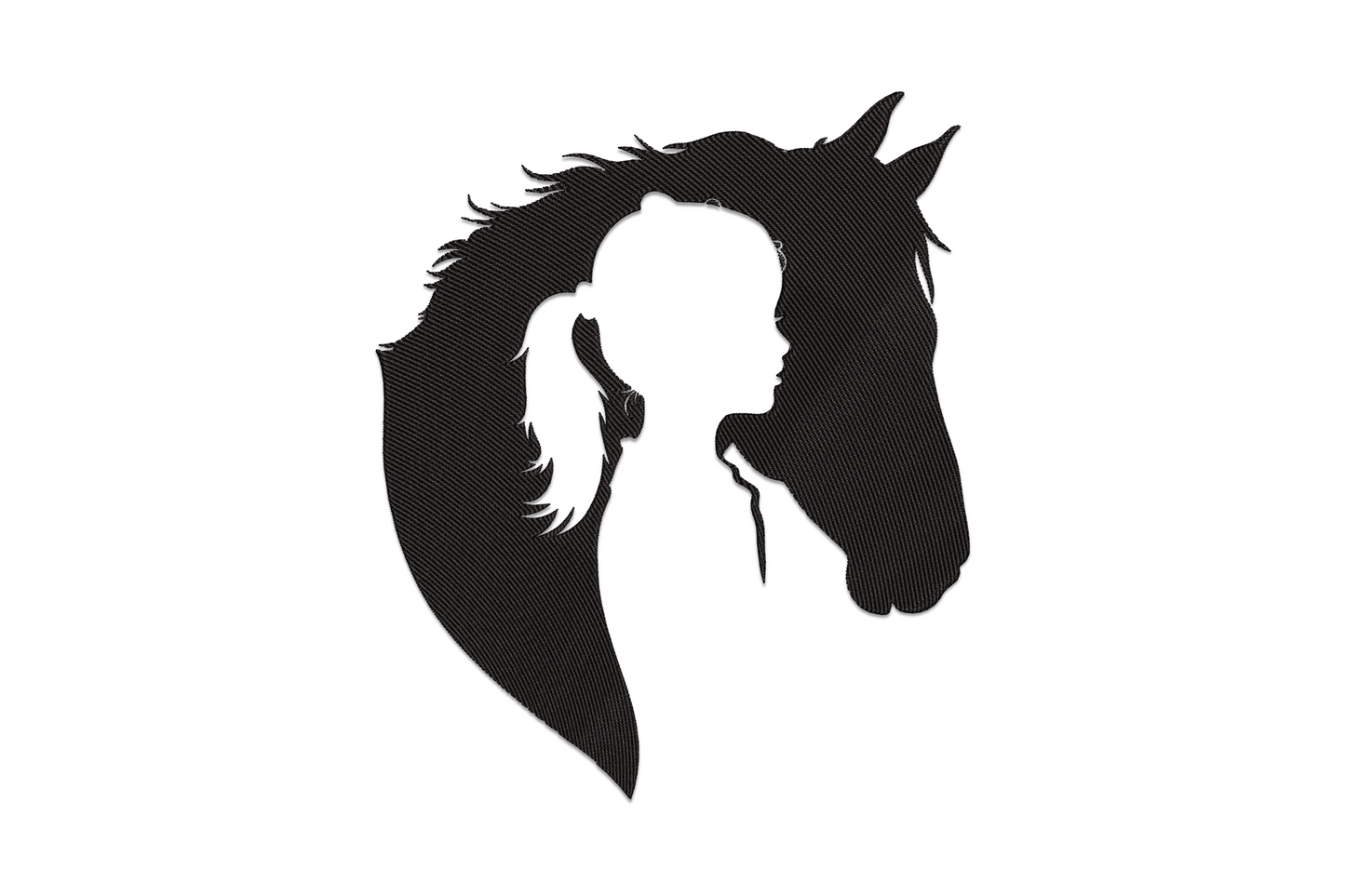 Girl and horse silhouette embroidery design, girl's face merged into flowing mane, single black filled shape.