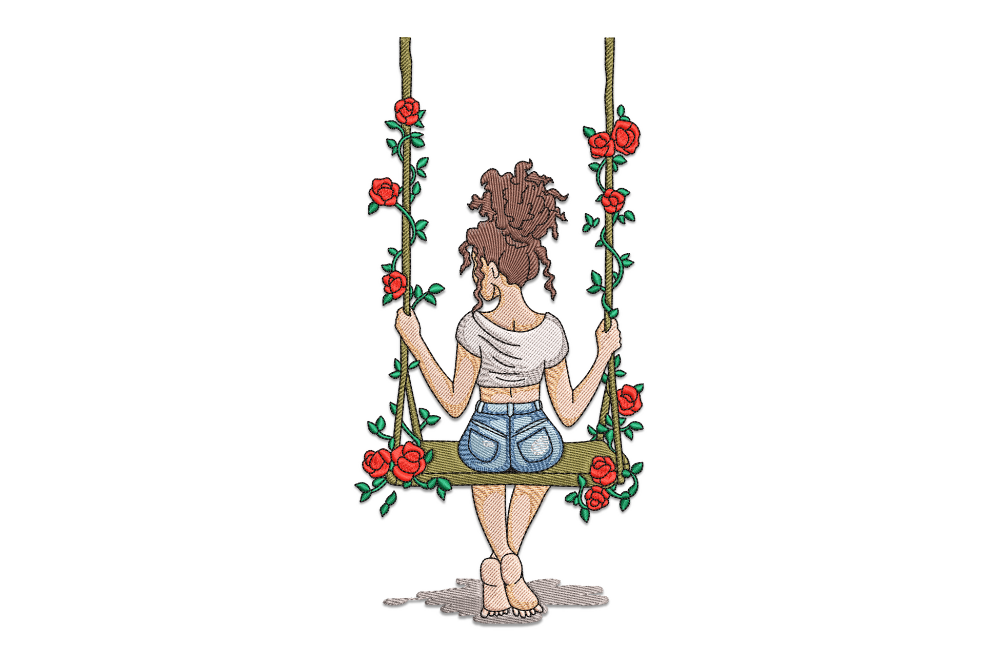 Girl on swing embroidery with rose clusters along the ropes and at her feet, ivory skin and warm brown hair, 11 thread colors, machine embroidery design on white background