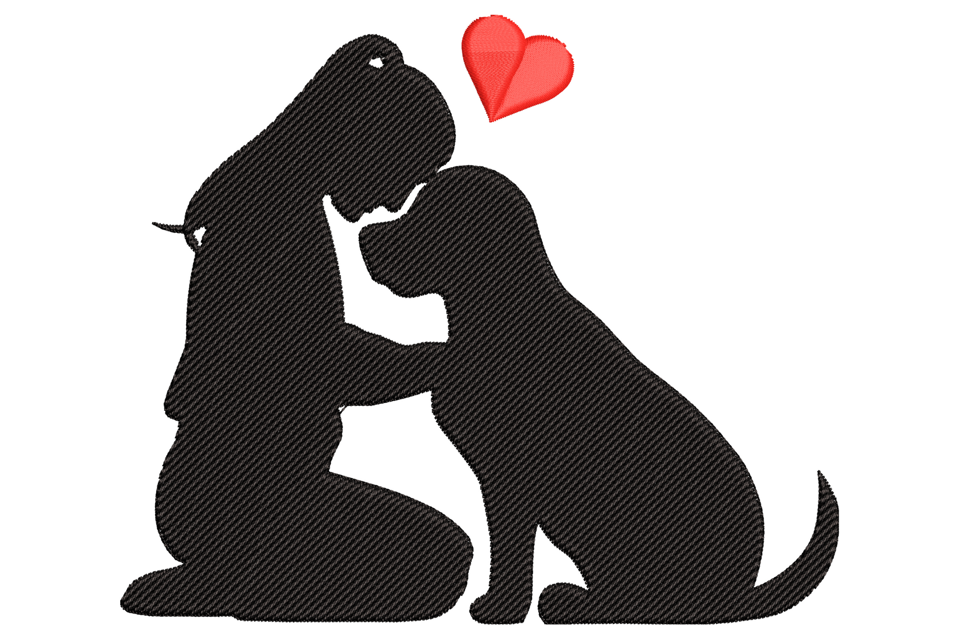 Girl and dog silhouette embroidery design, foreheads touching, small red heart above, solid black fills, 4.67 inch max size.