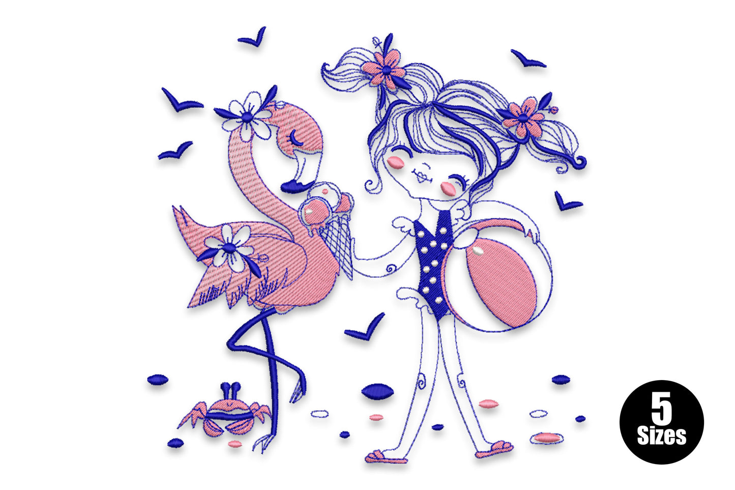 Whimsical beach girl and flamingo embroidery design in navy and pink line art, with a polka-dot swimsuit, beach ball, small crab and scattered seagulls.
