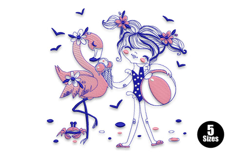 Whimsical beach girl and flamingo embroidery design in navy and pink line art, with a polka-dot swimsuit, beach ball, small crab and scattered seagulls.
