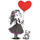 Girl with Heart Balloon Embroidery Design, Sketch Valentine Pattern