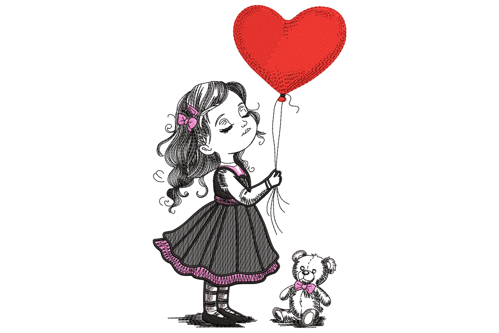 Sketch style little girl in black dress holding a red heart balloon with a cream teddy bear sitting nearby