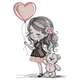 Girl with Heart Balloon and Teddy Bear Embroidery Design, Sketch Style