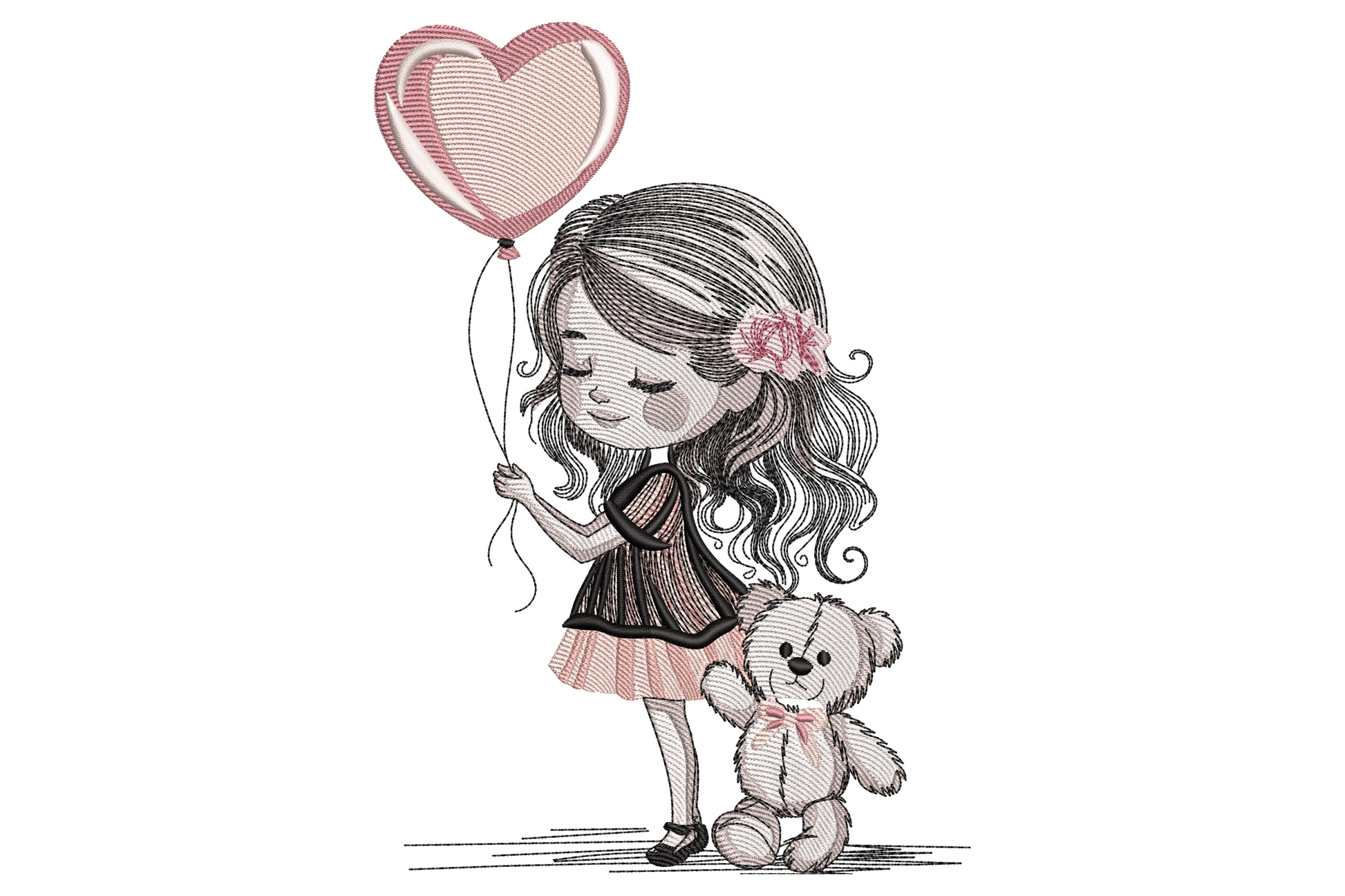 Sketch style little girl in striped pinafore dress holding a pink heart balloon with a small teddy bear at her feet