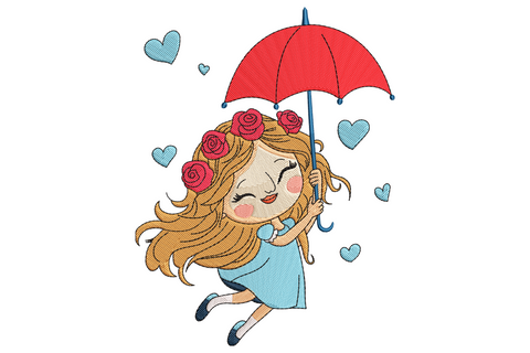 Girl with umbrella embroidery design, smiling cartoon girl with rose crown, blue dress, red umbrella and blue hearts