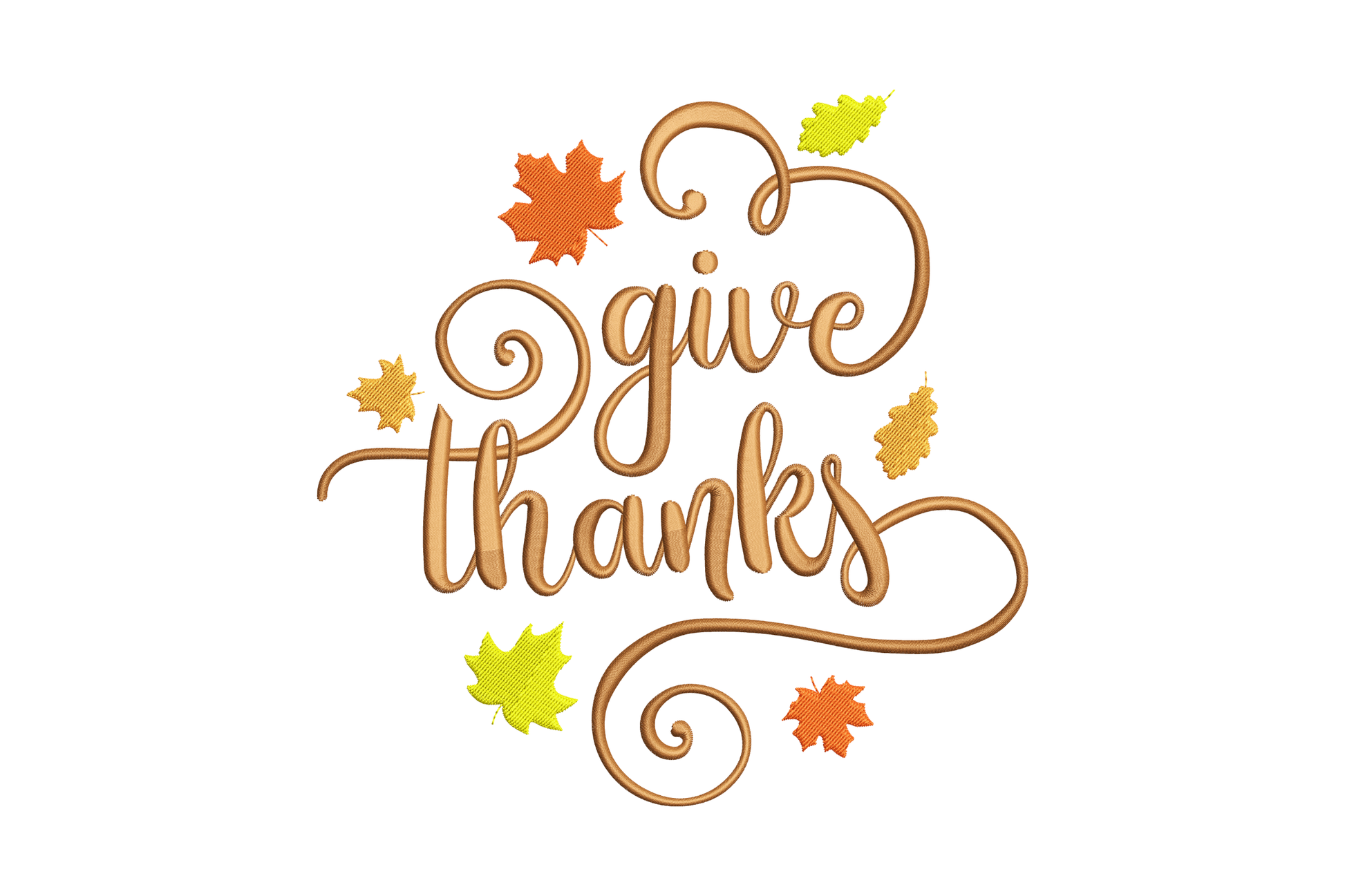 Give thanks autumn leaves machine embroidery design with cursive script and fall maple leaves in orange, yellow and red
