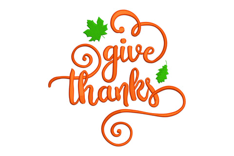 Give thanks embroidery design, pumpkin orange flowing calligraphy script with two green maple leaves, thanksgiving autumn.