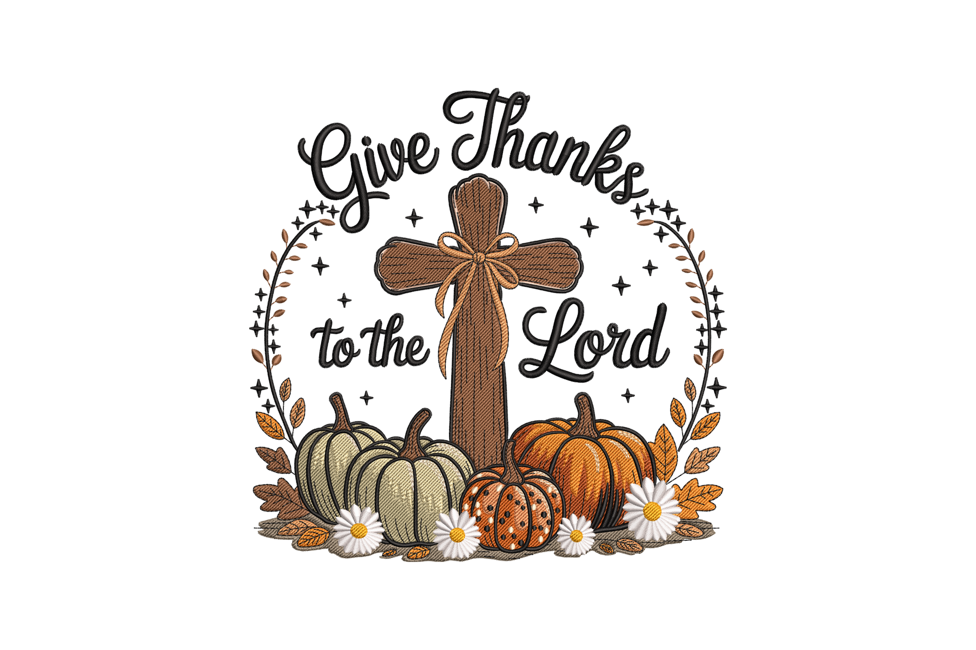 Decorative design with cross, pumpkins, and text 'Give Thanks to the Lord' embroidery design