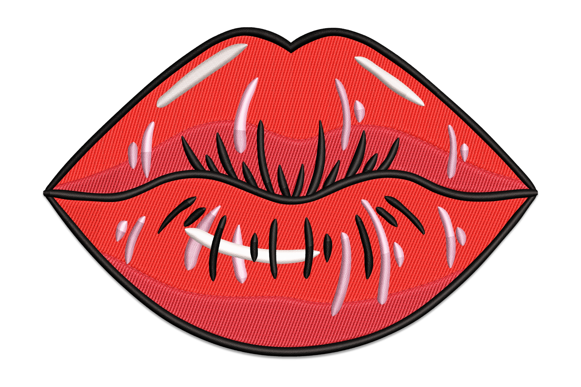 Glossy red lips embroidery design, satin highlight stripe, 5 thread colours, sizes 3.5 to 7.5 inches wide