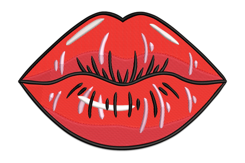 Glossy red lips embroidery design, satin highlight stripe, 5 thread colours, sizes 3.5 to 7.5 inches wide