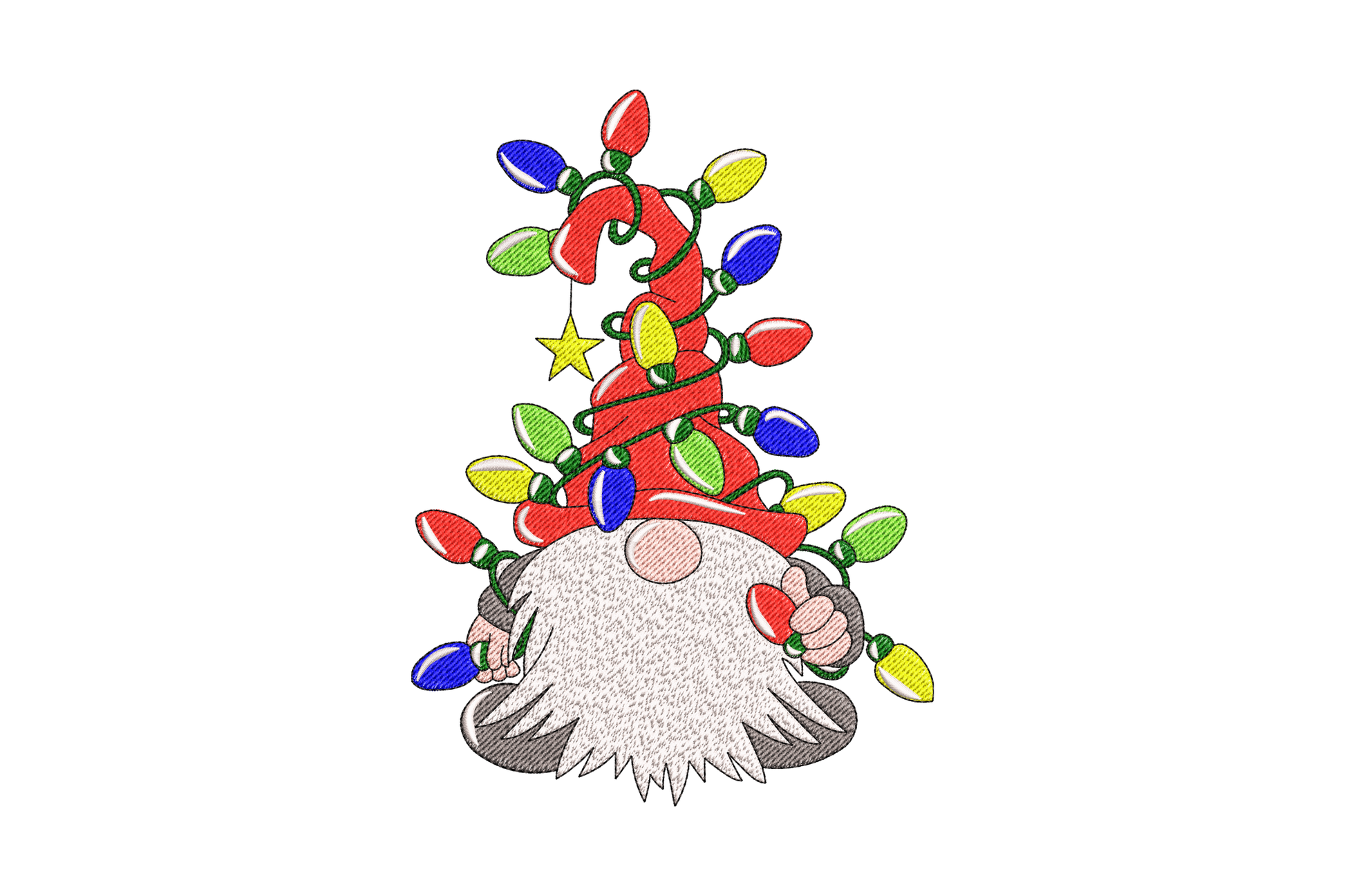 Christmas gnome embroidery design wrapped in rainbow string lights with white beard and green hat, on red apron fabric.