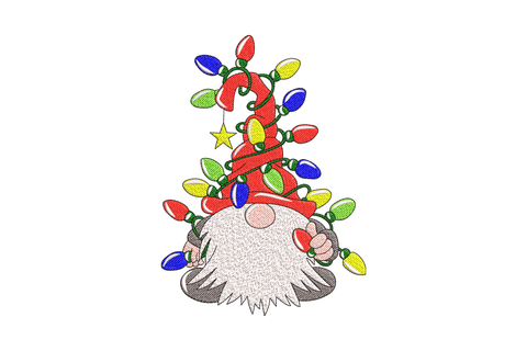 Christmas gnome embroidery design wrapped in rainbow string lights with white beard and green hat, on red apron fabric.