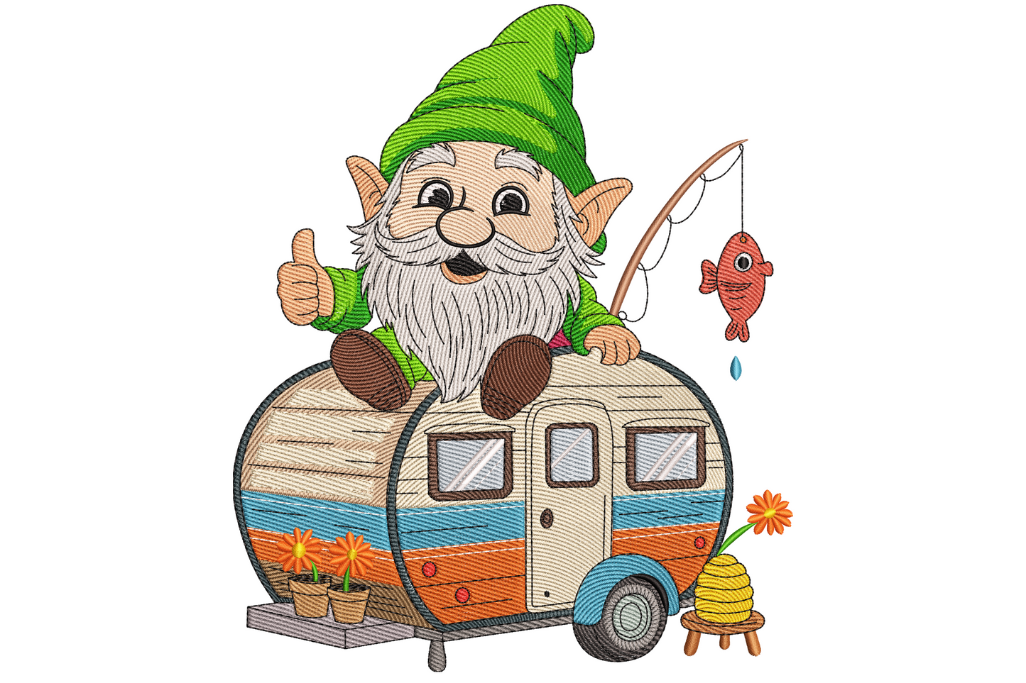 Cartoon gnome green hat white beard glasses fishing pole pink fish on wood teardrop camper embroidery