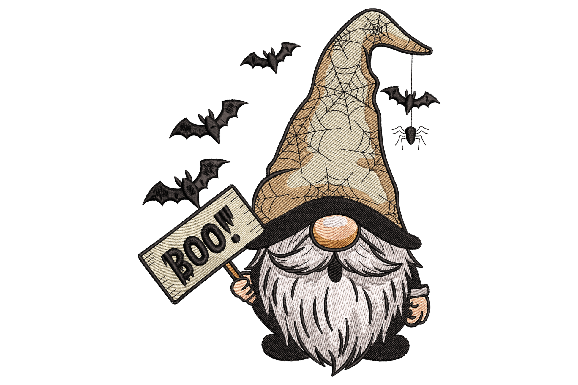 Halloween gnome machine embroidery design, gnome with black pointed hat decorated with orange spider web and small bat, cream beard, seven colours, 2.88 by 3.51 inches.
