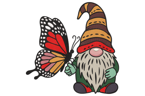 Embroidery of a striped orange hat gnome holding an orange monarch butterfly on his green mitten, with cream beard.