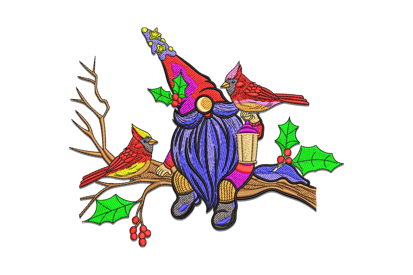 Christmas gnome with red cardinals embroidery design, gnome on winter branch holding lantern with holly and red berries, 13 thread colors