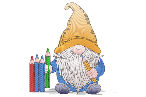 Cute gnome embroidery design with mustard yellow hat, long white beard and three coloured pencils in red blue and green.