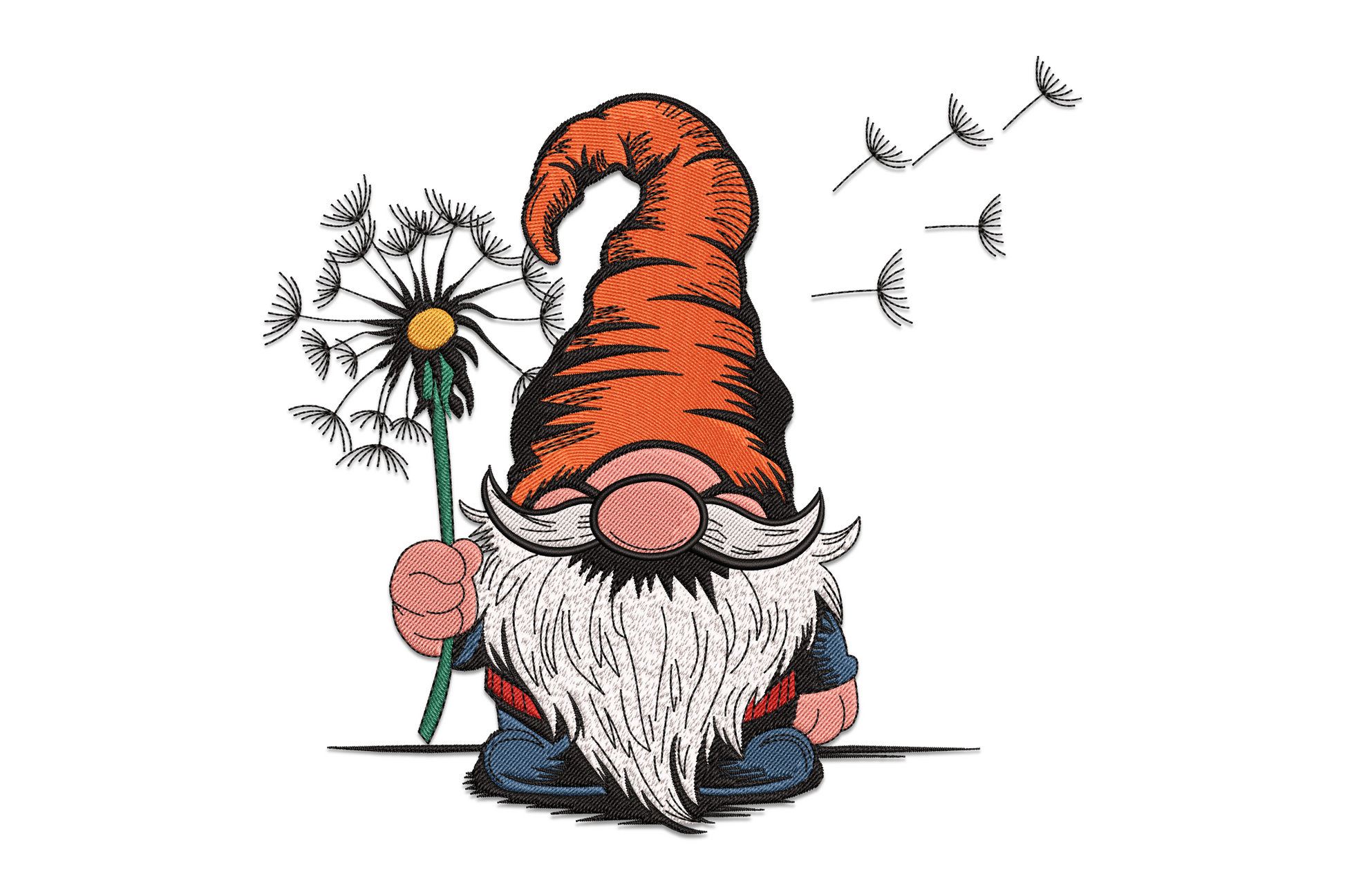 Gnome blowing dandelion seeds embroidery design on kraft pillow, grey beard with cream hat and butter yellow floating seeds.