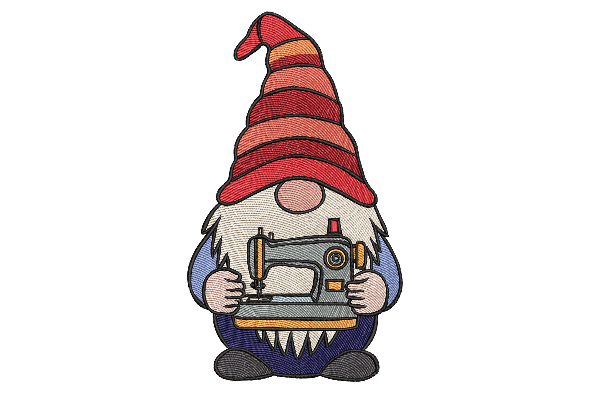 Embroidery gnome with tall red striped hat and white beard holding a vintage black hand-crank sewing machine at his middle.