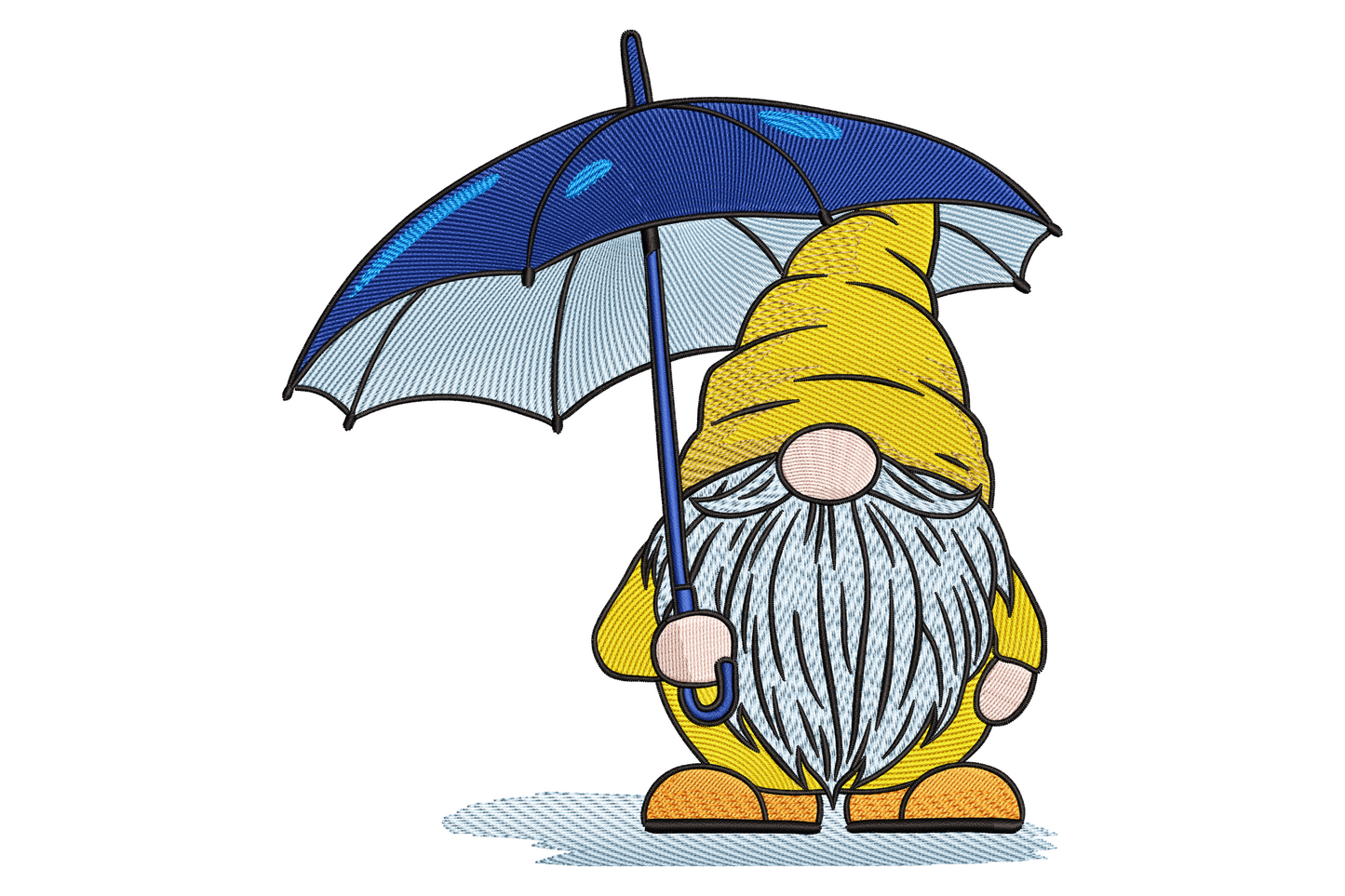Round cartoon gnome with tall forest-green hat, white fluffy beard, and small red-and-white scalloped umbrella, nine-colour cute embroidery design on white fabric.