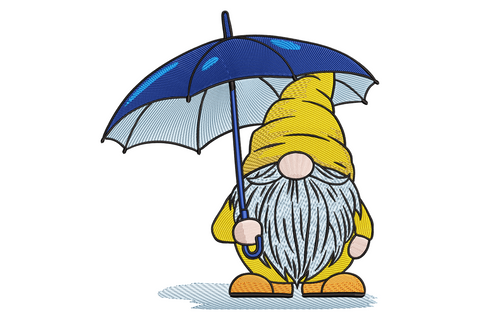 Round cartoon gnome with tall forest-green hat, white fluffy beard, and small red-and-white scalloped umbrella, nine-colour cute embroidery design on white fabric.