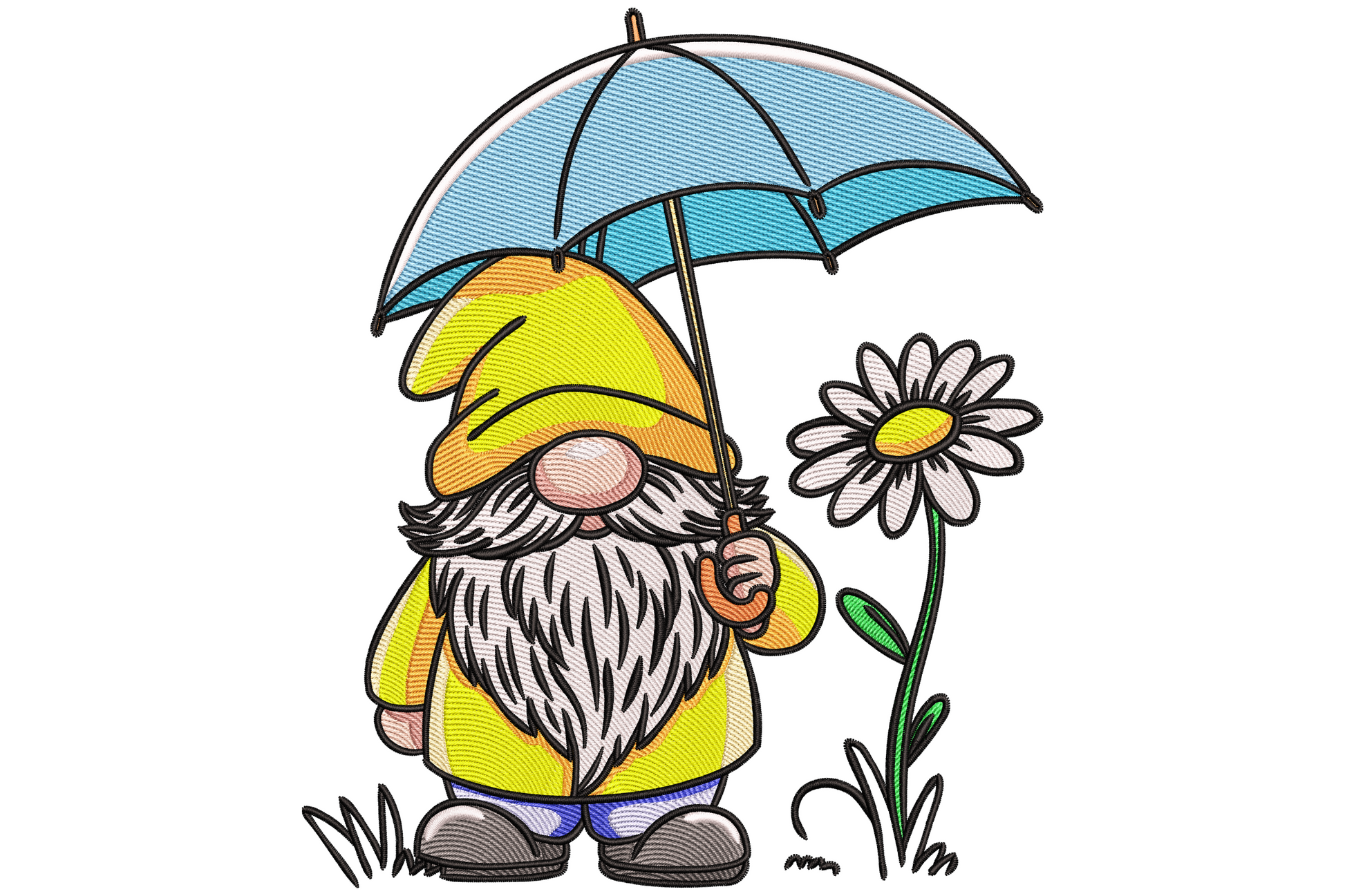 Chubby cartoon gnome with tall teal mustard striped hat holding small yellow umbrella and large white daisy, cheerful storybook spring embroidery design