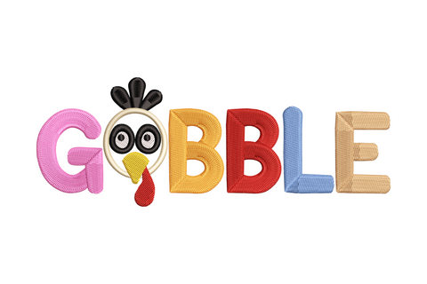 Gobble word lettering embroidery with cartoon turkey face inside the first O, multicolour block letters in pink yellow red blue and beige