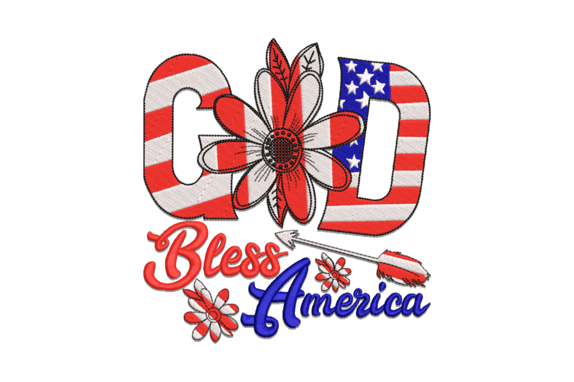 God Bless America embroidery, GOD block letters in flag stripes and stars with sunflower O and script below.