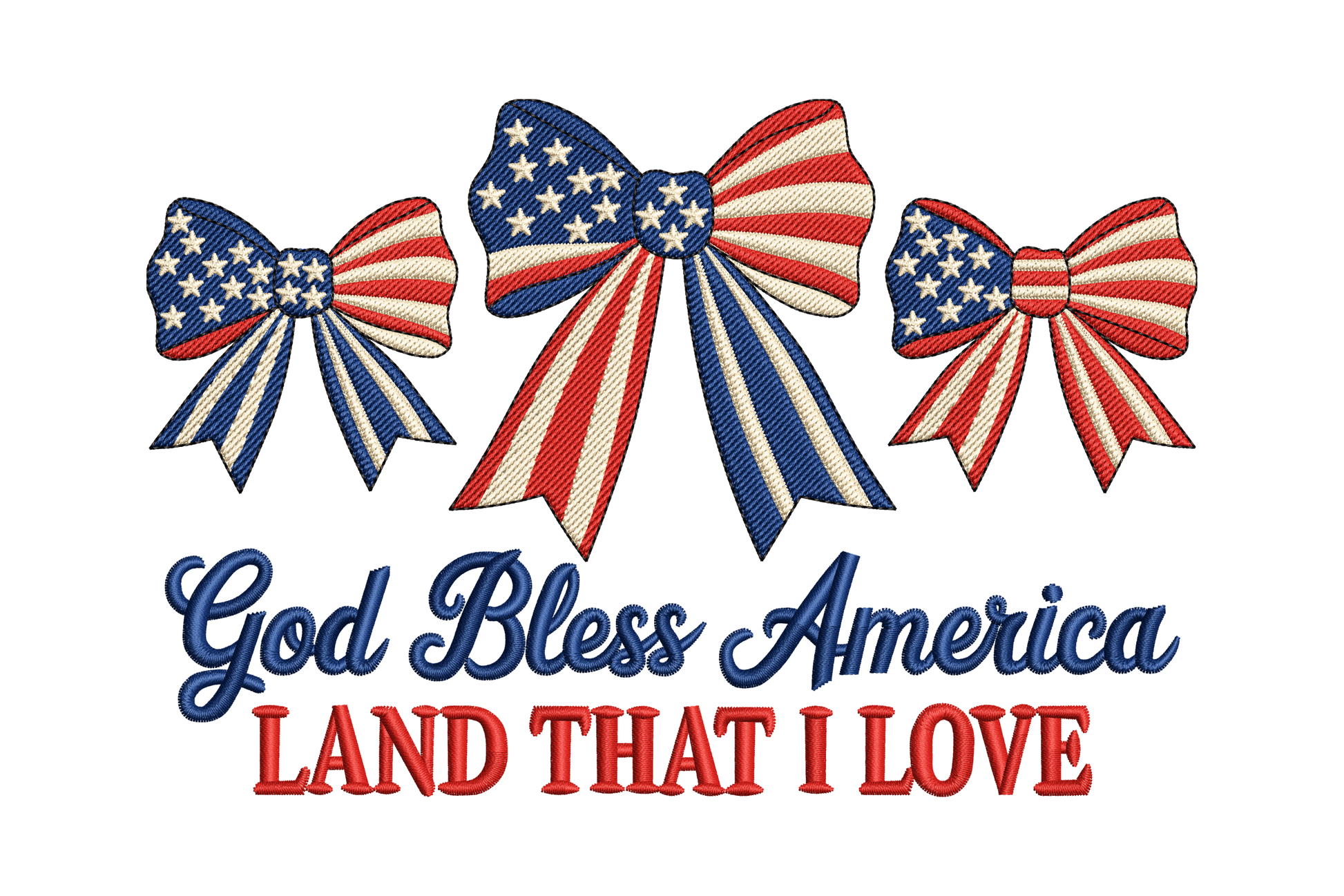 Three American flag-themed bows with 'God Bless America Land That I Love' text embroidery design