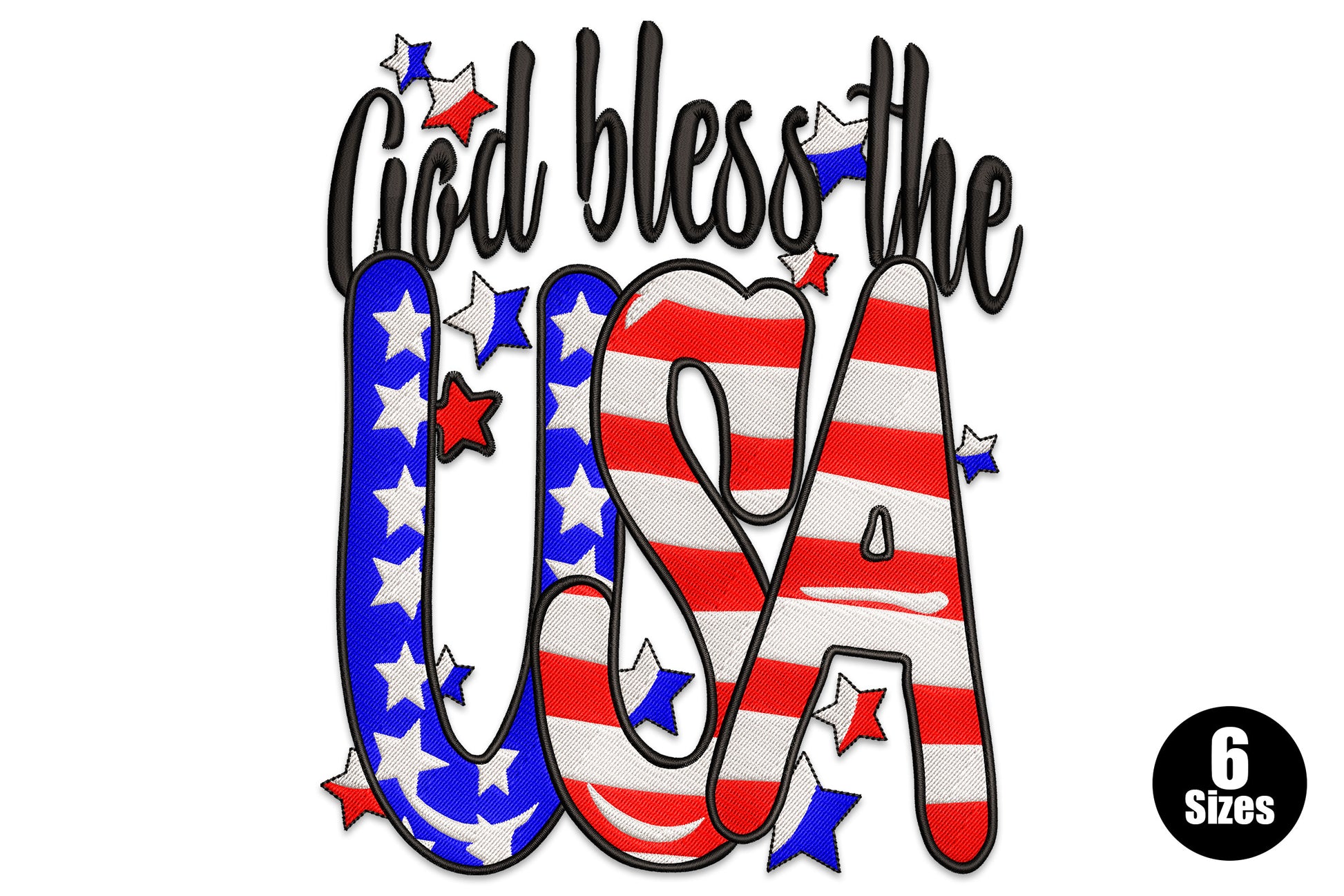 God Bless the USA patriotic embroidery design with flag-filled block letters, cursive script header and scattered stars in red, white, blue and black thread.