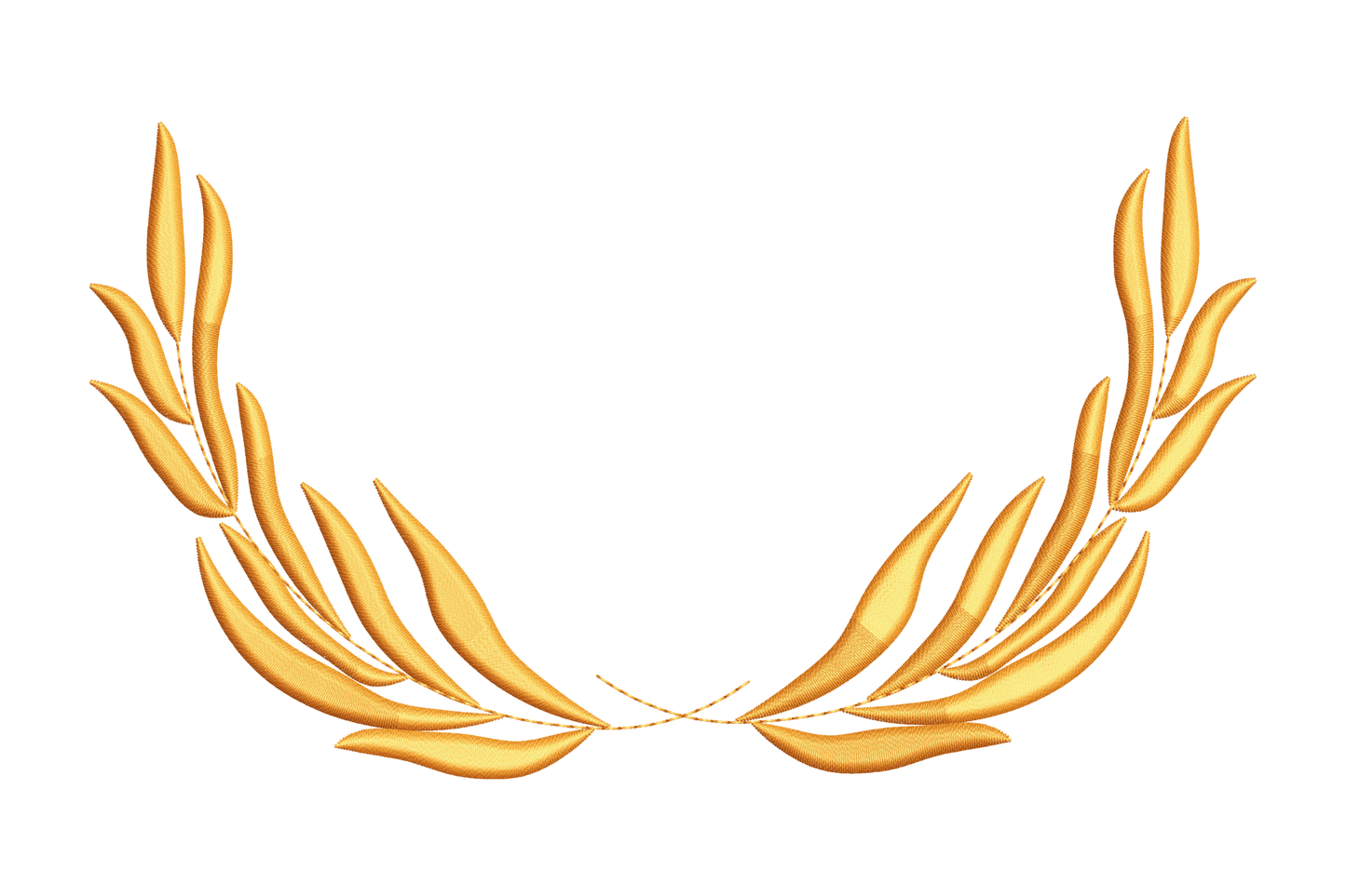 Gold laurel wreath embroidery design in a flat horizontal wing-spread style, two short branches sweeping wide from a centre meet point in champagne butter-yellow thread.