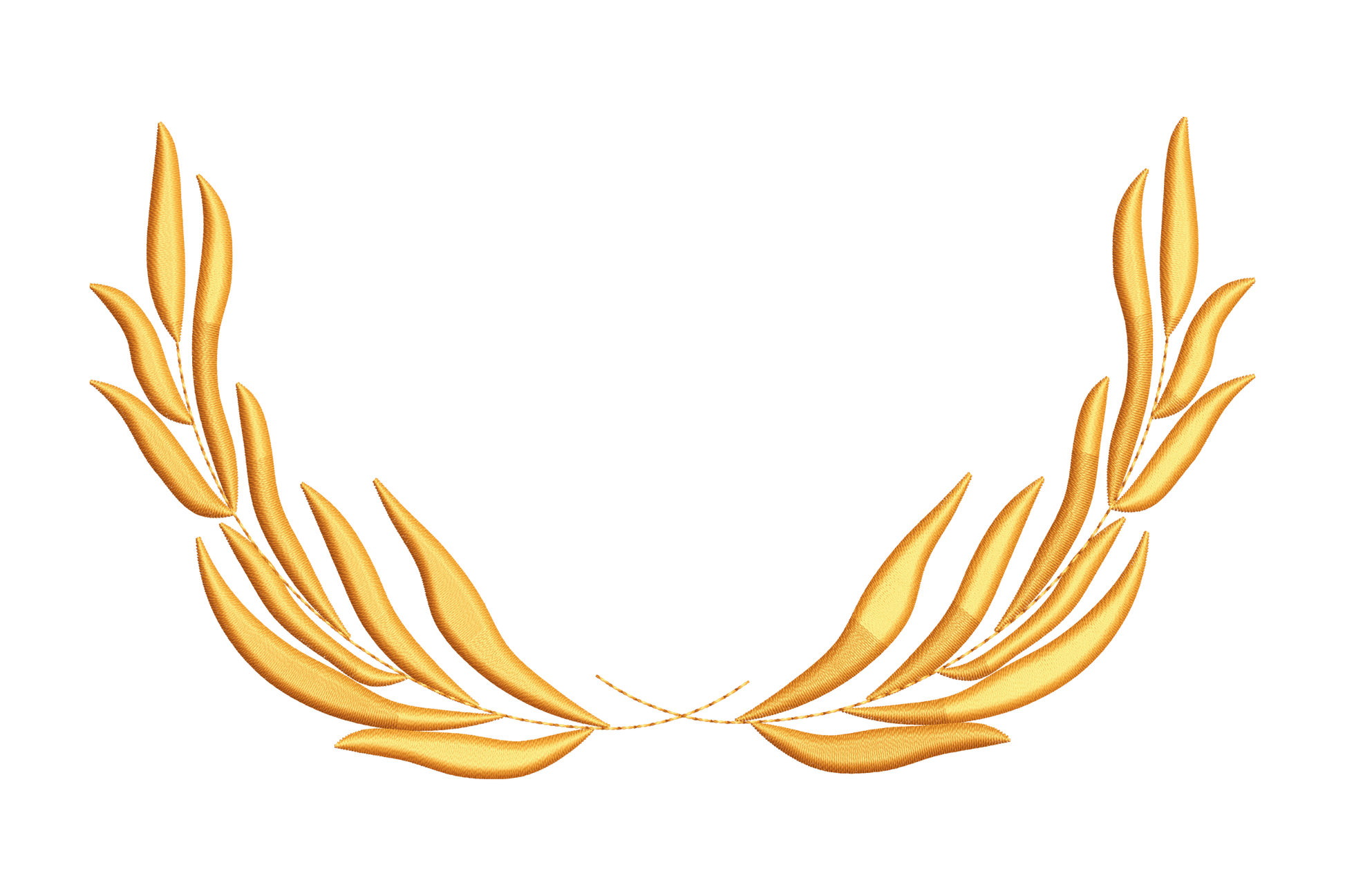 Gold laurel wreath embroidery design in a flat horizontal wing-spread style, two short branches sweeping wide from a centre meet point in champagne butter-yellow thread.